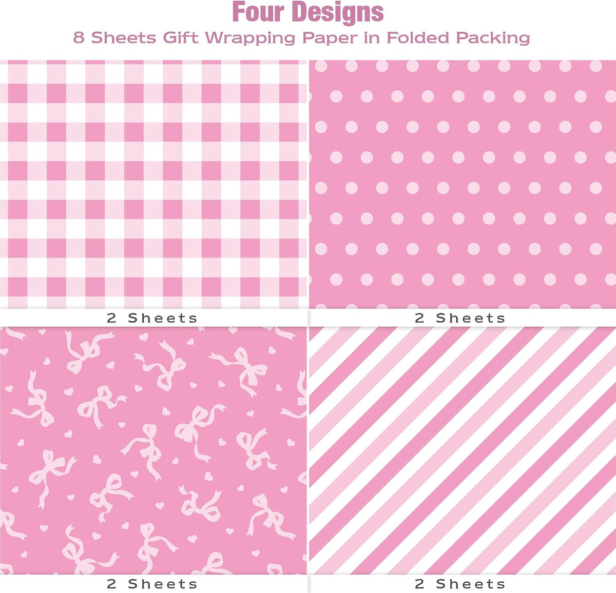 Pink Wrapping Paper Sheet - 8 Sheets Folded Flat Gift Wrap with Cute Bow, Pink Plaid, Stripes and Polka Dot, Gift Paper for Girl Baby Shower, Birthday, Wedding - 20 X 28 Inch Per Sheet