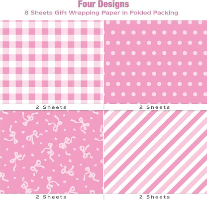 Pink Wrapping Paper Sheet - 8 Sheets Folded Flat Gift Wrap with Cute Bow, Pink Plaid, Stripes and Polka Dot, Gift Paper for Girl Baby Shower, Birthday, Wedding - 20 X 28 Inch Per Sheet
