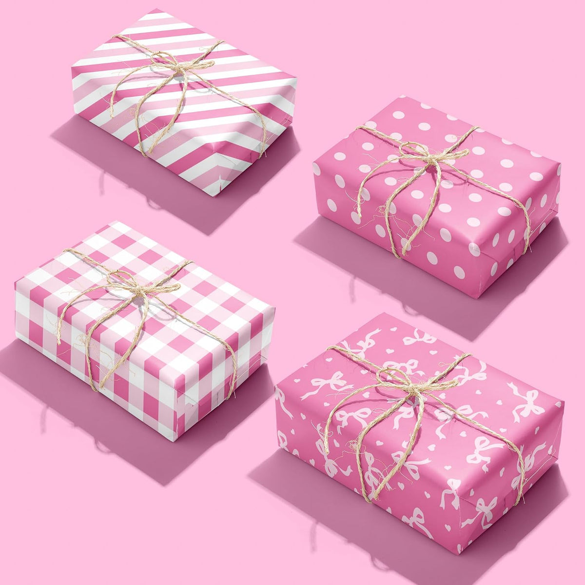Pink Wrapping Paper Sheet - 8 Sheets Folded Flat Gift Wrap with Cute Bow, Pink Plaid, Stripes and Polka Dot, Gift Paper for Girl Baby Shower, Birthday, Wedding - 20 X 28 Inch Per Sheet