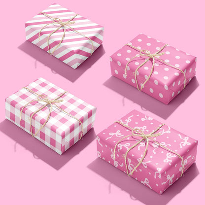 Pink Wrapping Paper Sheet - 8 Sheets Folded Flat Gift Wrap with Cute Bow, Pink Plaid, Stripes and Polka Dot, Gift Paper for Girl Baby Shower, Birthday, Wedding - 20 X 28 Inch Per Sheet