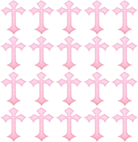 Cross Embroidered Patches,20 Pcs Cross Sew on Iron on Decorative Patches for Repair Decoration Clothing Hats Jackets Backpack, 4.1" Lx2.8 W, Pink