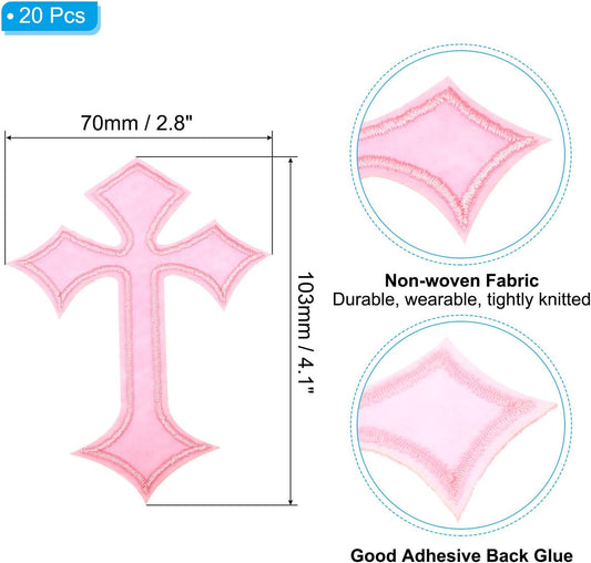 Cross Embroidered Patches,20 Pcs Cross Sew on Iron on Decorative Patches for Repair Decoration Clothing Hats Jackets Backpack, 4.1" Lx2.8 W, Pink