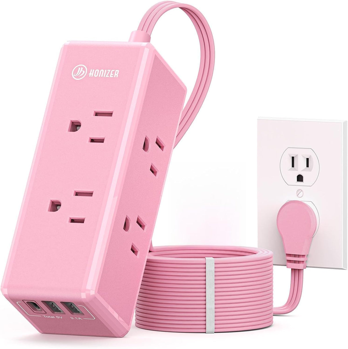 Pink Extension Cord 15 ft,HONIZER Power Strip Long Cord,6 Outlets & 3 USB Ports (1 USB-C), Cute,Wall Mount for Home Office Dorm Desk Accessories