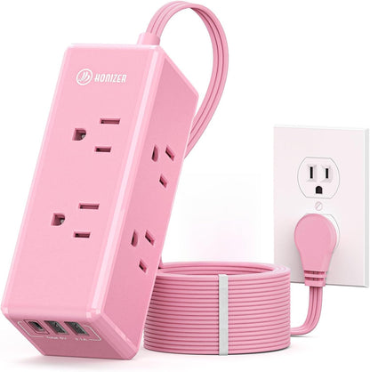 Pink Extension Cord 15 ft,HONIZER Power Strip Long Cord,6 Outlets & 3 USB Ports (1 USB-C), Cute,Wall Mount for Home Office Dorm Desk Accessories