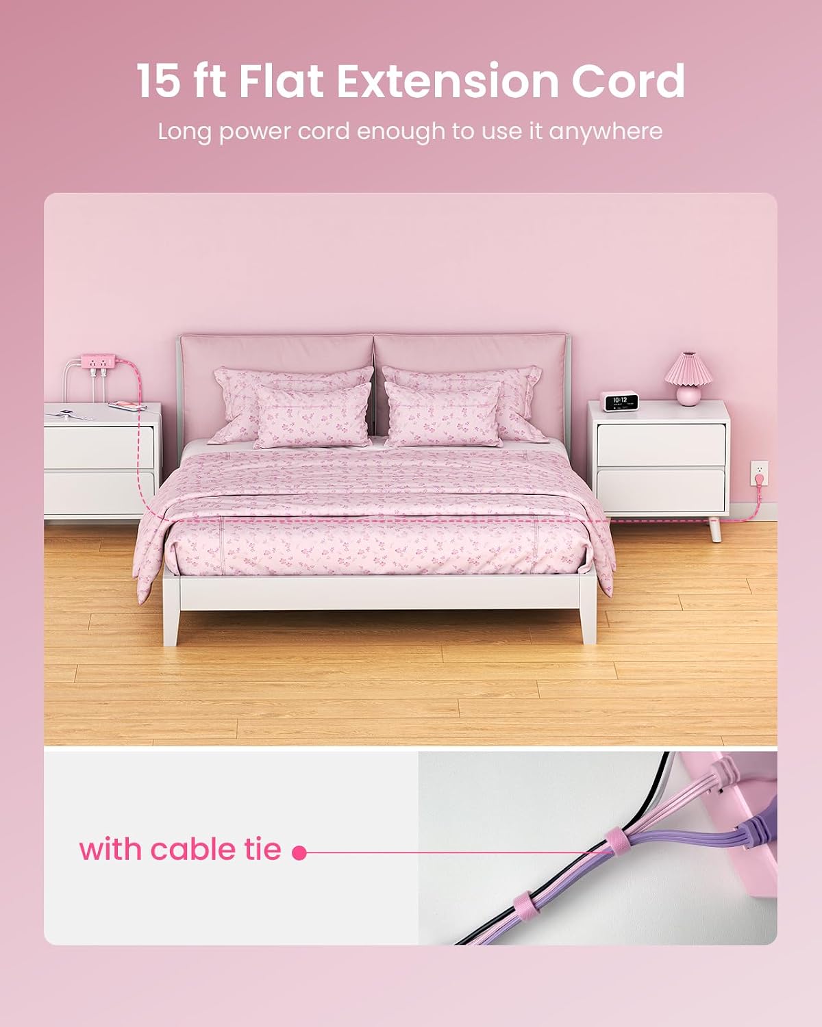 Pink Extension Cord 15 ft,HONIZER Power Strip Long Cord,6 Outlets & 3 USB Ports (1 USB-C), Cute,Wall Mount for Home Office Dorm Desk Accessories