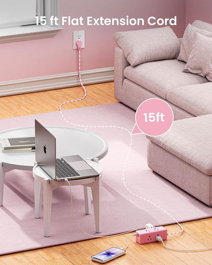 Pink Extension Cord 15 ft,HONIZER Power Strip Long Cord,6 Outlets & 3 USB Ports (1 USB-C), Cute,Wall Mount for Home Office Dorm Desk Accessories