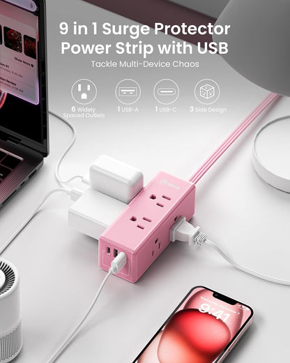 Pink Extension Cord 15 ft,HONIZER Power Strip Long Cord,6 Outlets & 3 USB Ports (1 USB-C), Cute,Wall Mount for Home Office Dorm Desk Accessories