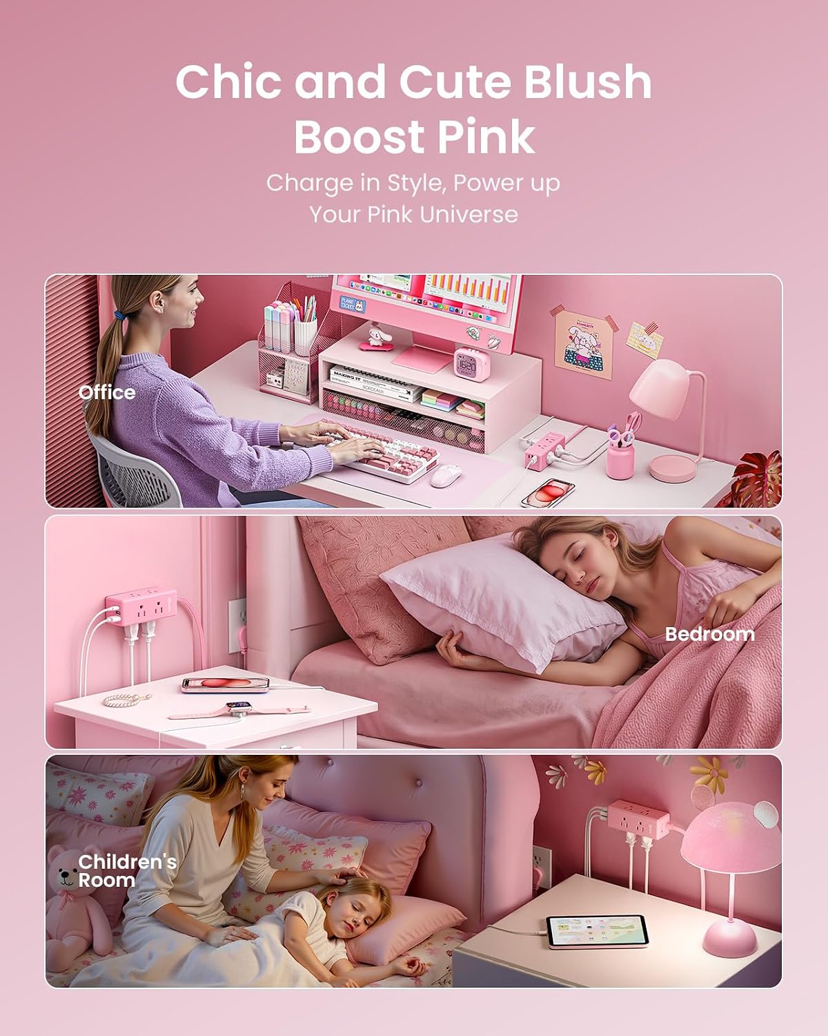 Pink Extension Cord 15 ft,HONIZER Power Strip Long Cord,6 Outlets & 3 USB Ports (1 USB-C), Cute,Wall Mount for Home Office Dorm Desk Accessories