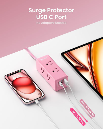 Pink Extension Cord 15 ft,HONIZER Power Strip Long Cord,6 Outlets & 3 USB Ports (1 USB-C), Cute,Wall Mount for Home Office Dorm Desk Accessories