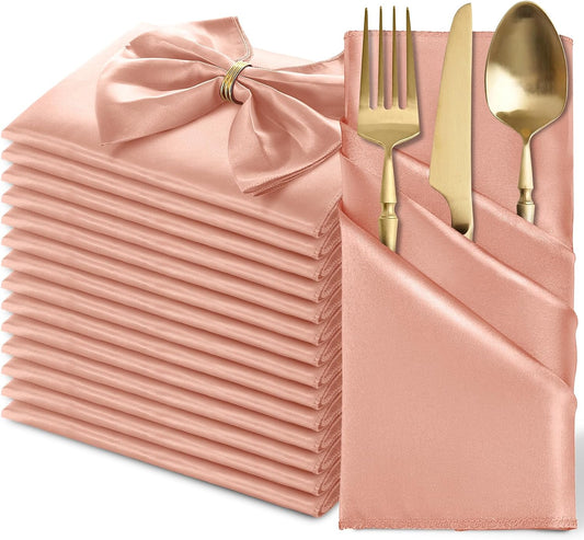 MILVOWOC 12 Pack Square Rose Gold Satin Napkins - 20 x 20 Inch Soft Silk Dinner Napkins for Weddings, Restaurants, Parties