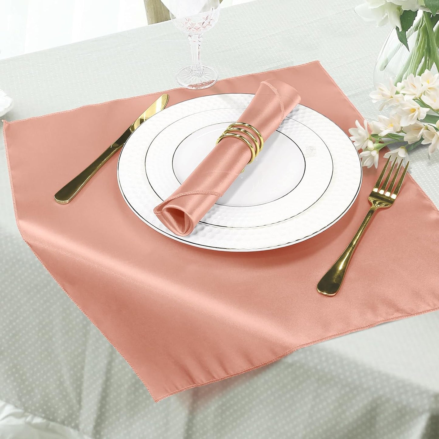 MILVOWOC 12 Pack Square Rose Gold Satin Napkins - 20 x 20 Inch Soft Silk Dinner Napkins for Weddings, Restaurants, Parties
