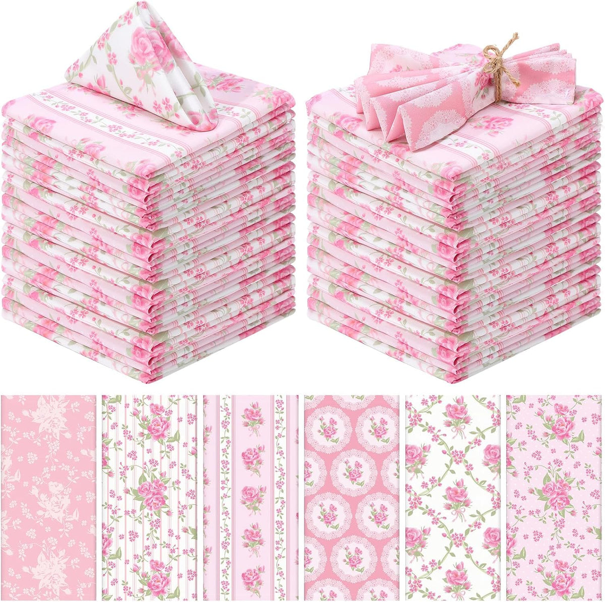 12 Pcs Pink Flowers Floral Cloth Napkins, 6 Patterns