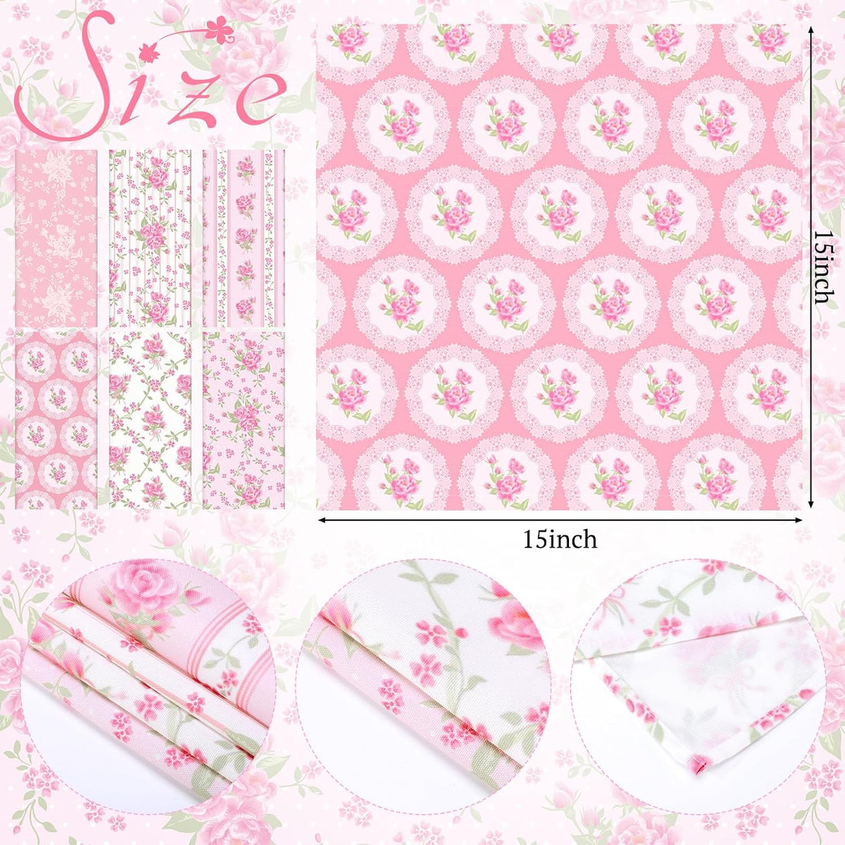12 Pcs Pink Flowers Floral Cloth Napkins, 6 Patterns