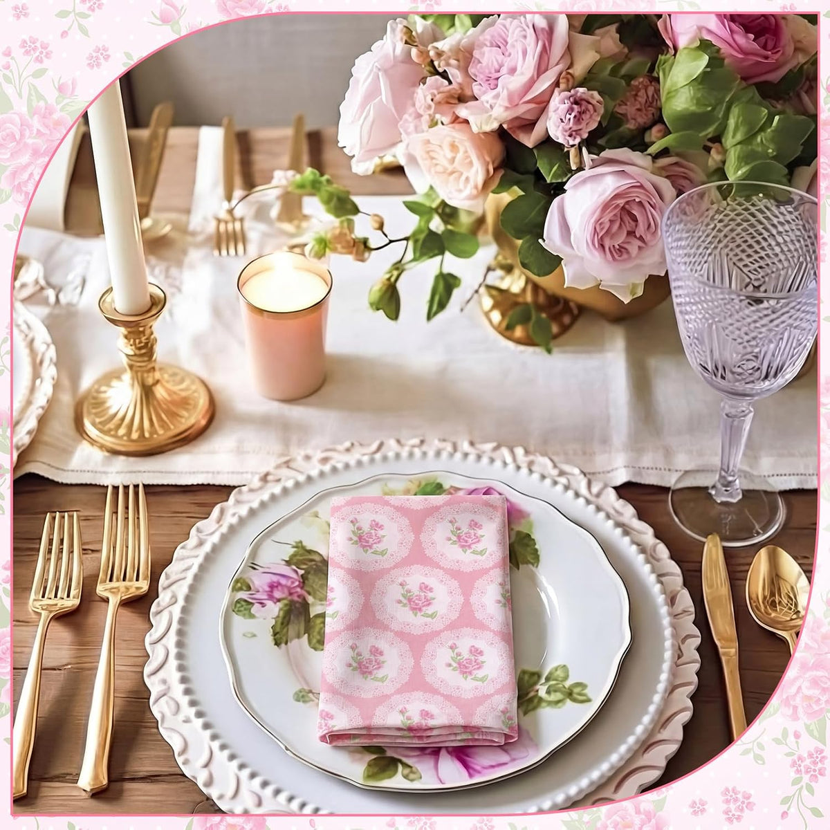 12 Pcs Pink Flowers Floral Cloth Napkins, 6 Patterns