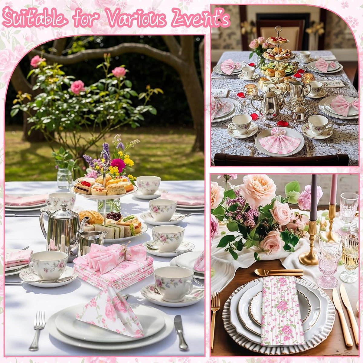 12 Pcs Pink Flowers Floral Cloth Napkins, 6 Patterns