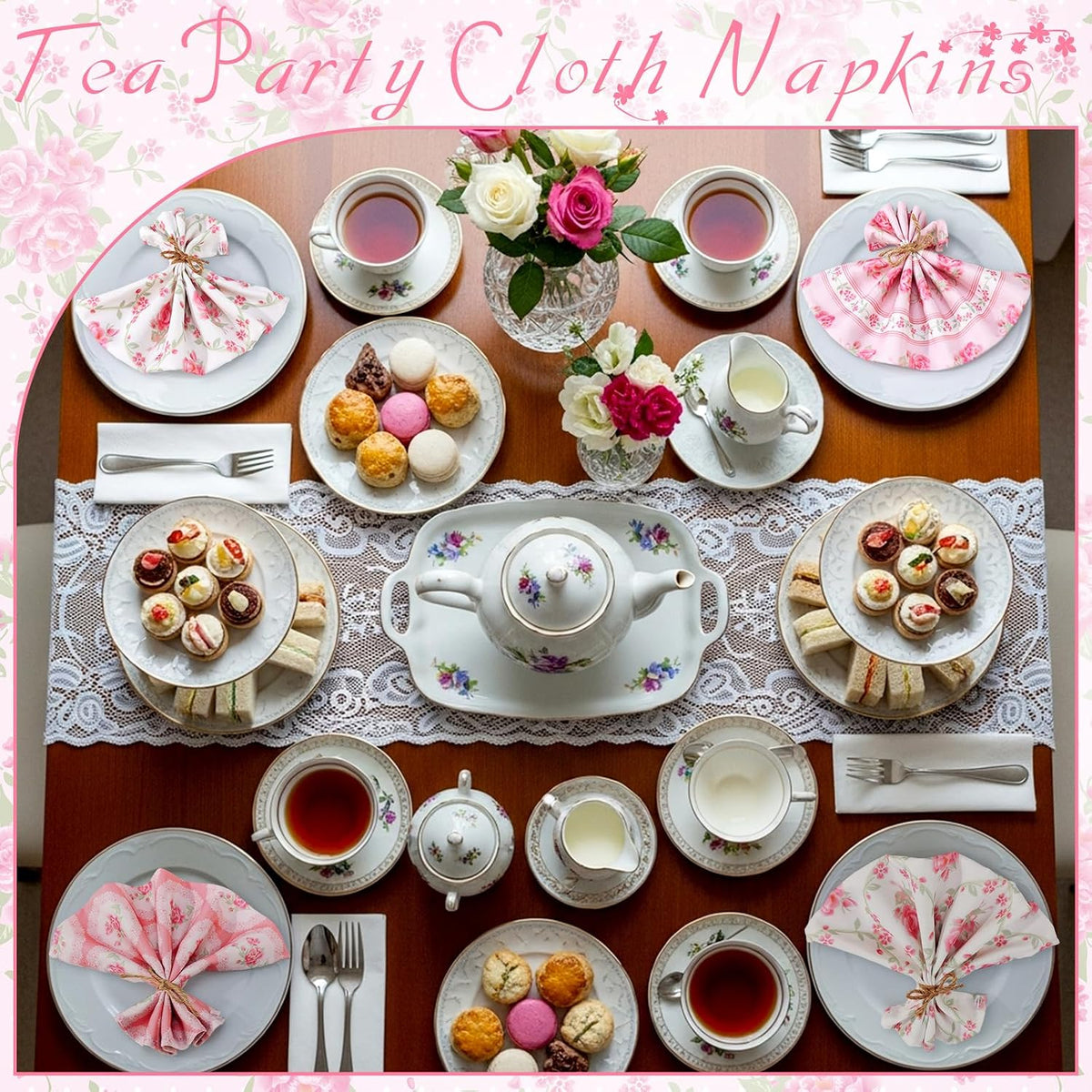 12 Pcs Pink Flowers Floral Cloth Napkins, 6 Patterns