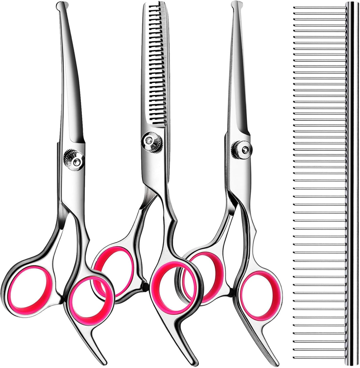 Dog Grooming Kit, Professional Stainless Steel Dog Grooming Scissors with Curved Shears, Pink Finger Rings - 4 Piece Sharp Durable Pet Shears for Dogs Cats At Home Salon-Quality Grooming