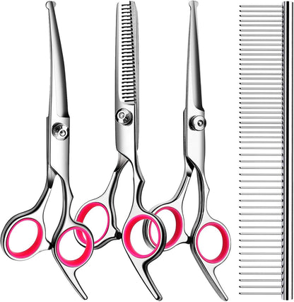 Dog Grooming Kit, Professional Stainless Steel Dog Grooming Scissors with Curved Shears, Pink Finger Rings - 4 Piece Sharp Durable Pet Shears for Dogs Cats At Home Salon-Quality Grooming