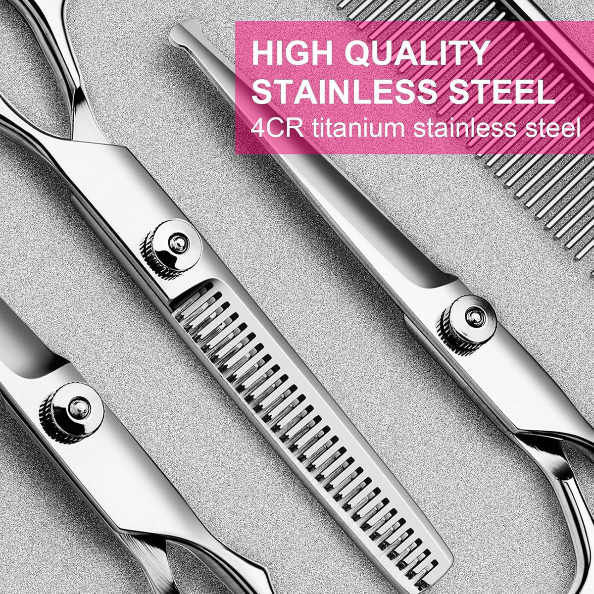 Dog Grooming Kit, Professional Stainless Steel Dog Grooming Scissors with Curved Shears, Pink Finger Rings - 4 Piece Sharp Durable Pet Shears for Dogs Cats At Home Salon-Quality Grooming