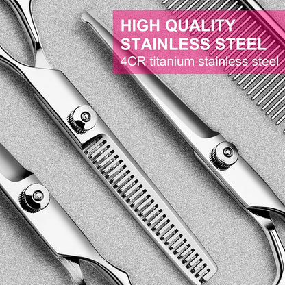 Dog Grooming Kit, Professional Stainless Steel Dog Grooming Scissors with Curved Shears, Pink Finger Rings - 4 Piece Sharp Durable Pet Shears for Dogs Cats At Home Salon-Quality Grooming