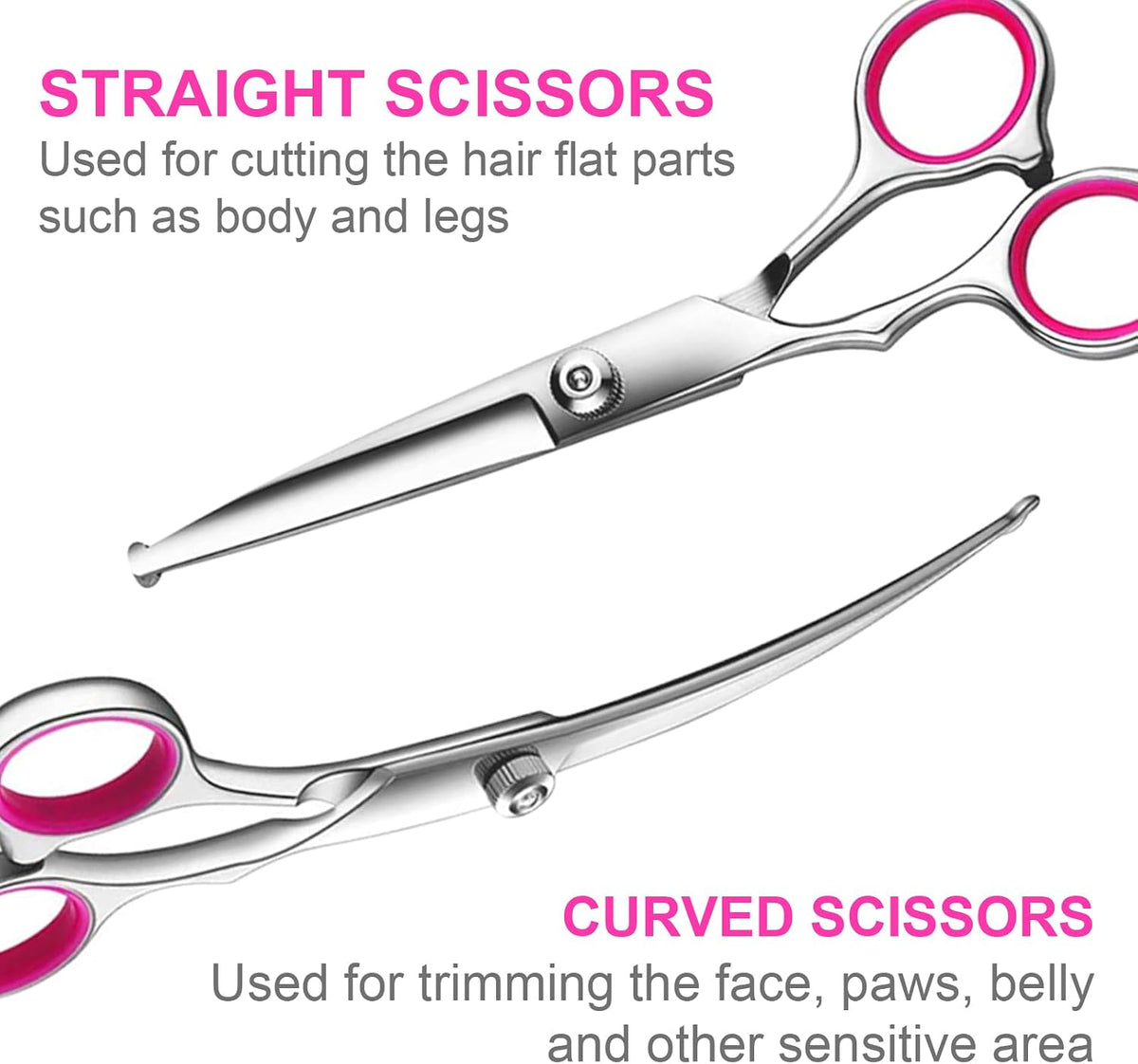Dog Grooming Kit, Professional Stainless Steel Dog Grooming Scissors with Curved Shears, Pink Finger Rings - 4 Piece Sharp Durable Pet Shears for Dogs Cats At Home Salon-Quality Grooming
