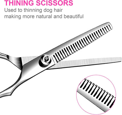 Dog Grooming Kit, Professional Stainless Steel Dog Grooming Scissors with Curved Shears, Pink Finger Rings - 4 Piece Sharp Durable Pet Shears for Dogs Cats At Home Salon-Quality Grooming
