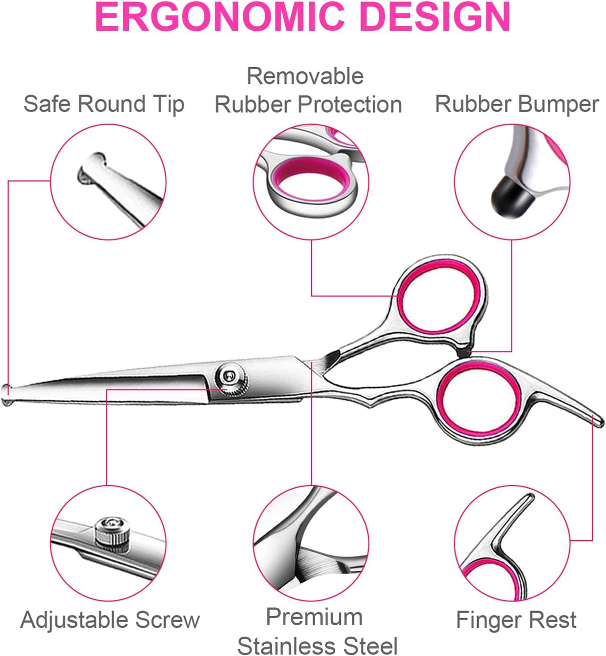 Dog Grooming Kit, Professional Stainless Steel Dog Grooming Scissors with Curved Shears, Pink Finger Rings - 4 Piece Sharp Durable Pet Shears for Dogs Cats At Home Salon-Quality Grooming