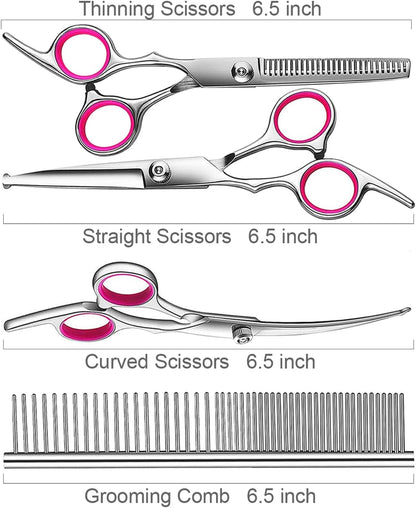 Dog Grooming Kit, Professional Stainless Steel Dog Grooming Scissors with Curved Shears, Pink Finger Rings - 4 Piece Sharp Durable Pet Shears for Dogs Cats At Home Salon-Quality Grooming