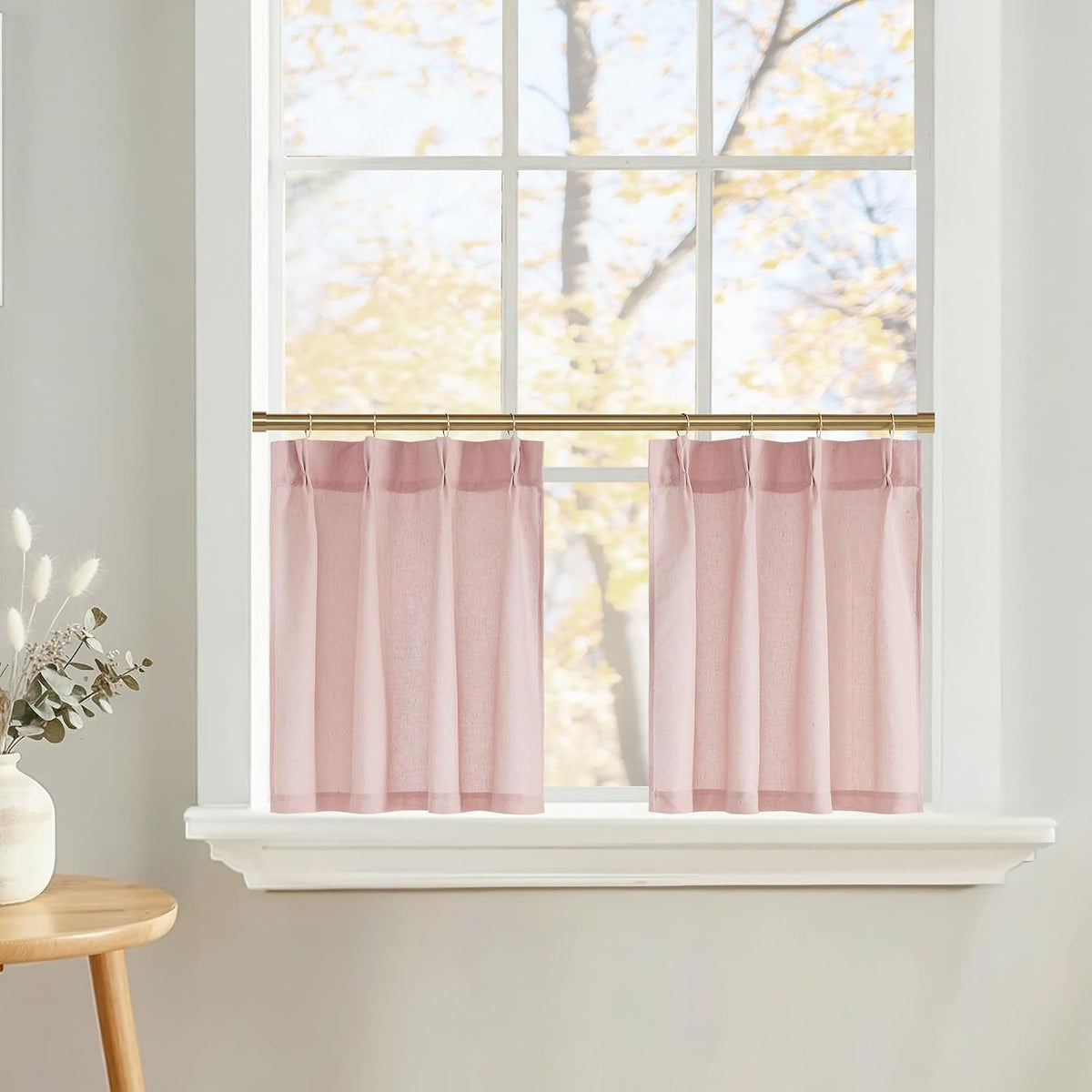 Light Pink Pinch Pleated Linen Kitchen Window Curtains