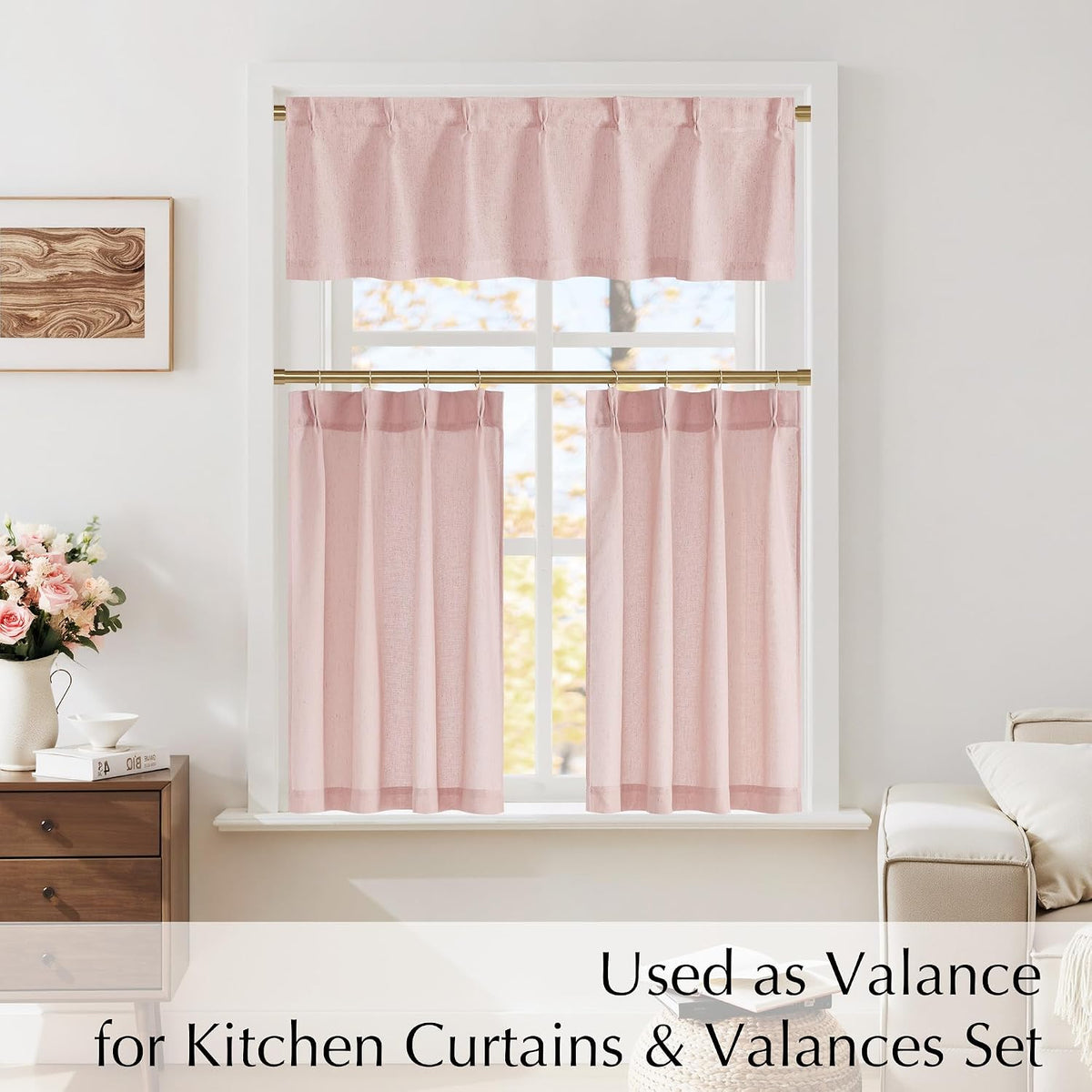 Light Pink Pinch Pleated Linen Kitchen Window Curtains