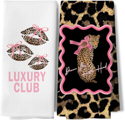 Coquette Pink Bow Leopard Bathroom Hand Towels, Cheetah Print Bathroom Decor, Preppy Y2k Leopard Kiss Decorative Hand Tea Towels for Bath Room Washroom Restroom, 16x24 Inches Set of 2