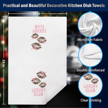 Coquette Pink Bow Leopard Bathroom Hand Towels, Cheetah Print Bathroom Decor, Preppy Y2k Leopard Kiss Decorative Hand Tea Towels for Bath Room Washroom Restroom, 16x24 Inches Set of 2
