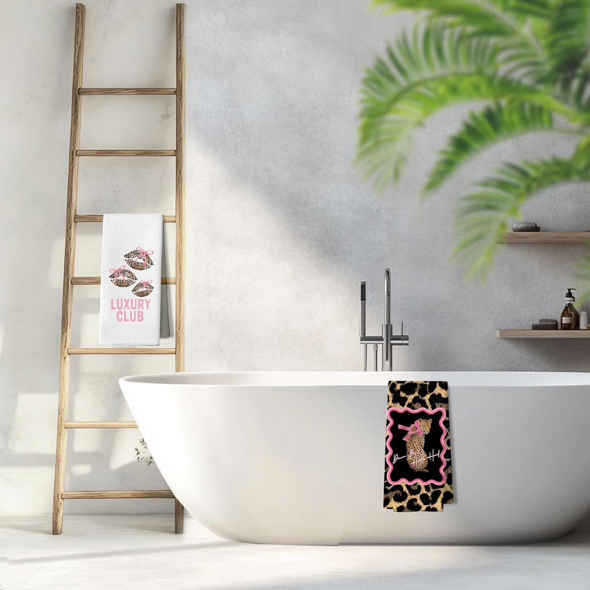 Coquette Pink Bow Leopard Bathroom Hand Towels, Cheetah Print Bathroom Decor, Preppy Y2k Leopard Kiss Decorative Hand Tea Towels for Bath Room Washroom Restroom, 16x24 Inches Set of 2