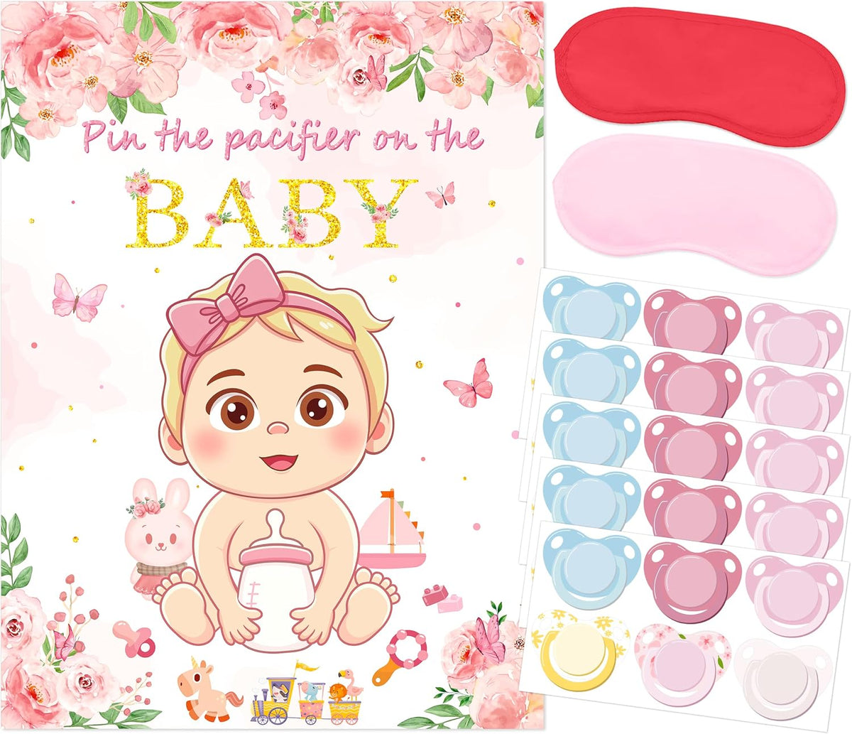 Pin the Pacifier on the Baby Shower Game, Floral Poster with 30 Stickers