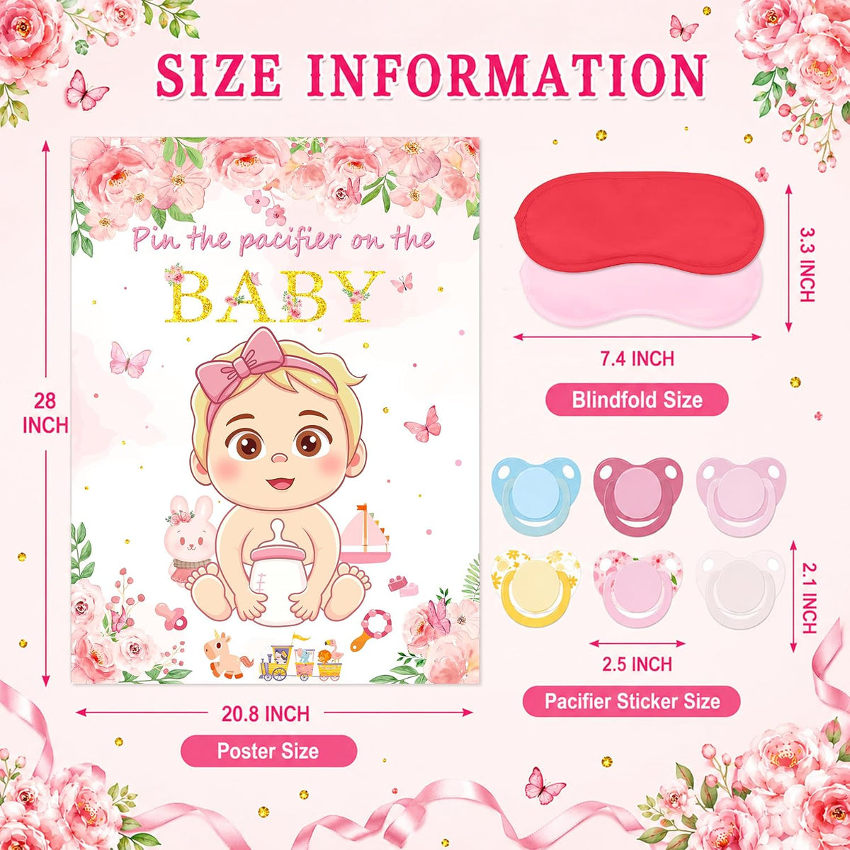 Pin the Pacifier on the Baby Shower Game, Floral Poster with 30 Stickers