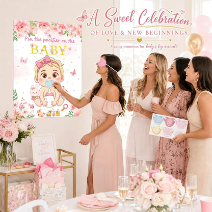 Pin the Pacifier on the Baby Shower Game, Floral Poster with 30 Stickers