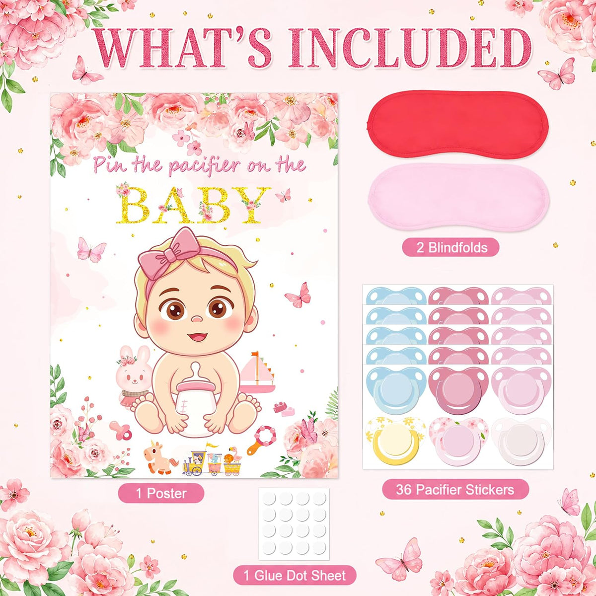 Pin the Pacifier on the Baby Shower Game, Floral Poster with 30 Stickers