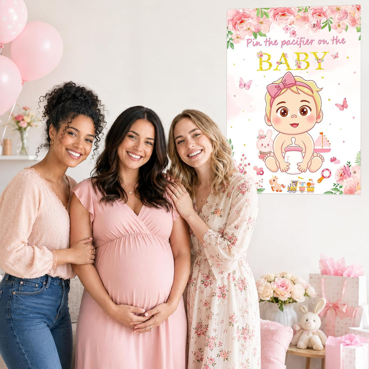 Pin the Pacifier on the Baby Shower Game, Floral Poster with 30 Stickers