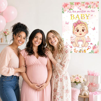 Pin the Pacifier on the Baby Shower Game, Floral Poster with 30 Stickers