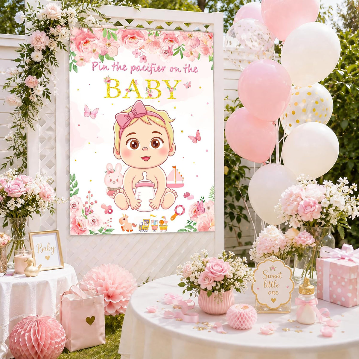 Pin the Pacifier on the Baby Shower Game, Floral Poster with 30 Stickers
