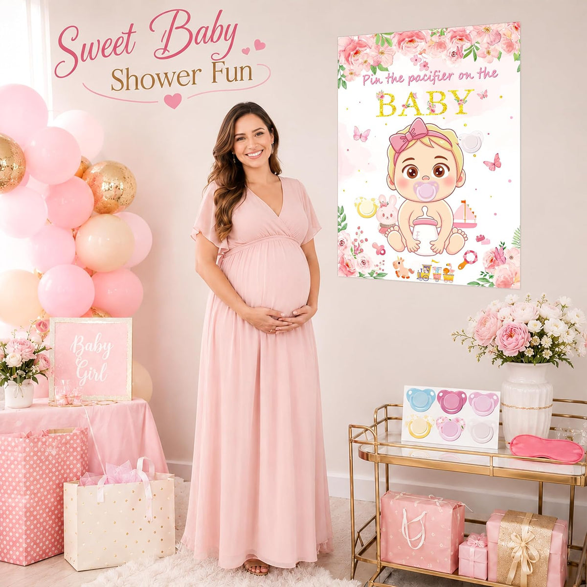 Pin the Pacifier on the Baby Shower Game, Floral Poster with 30 Stickers