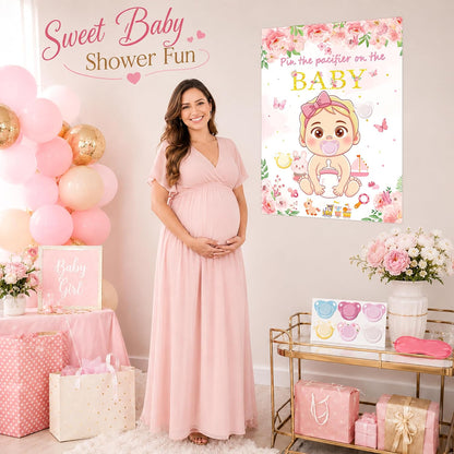 Pin the Pacifier on the Baby Shower Game, Floral Poster with 30 Stickers