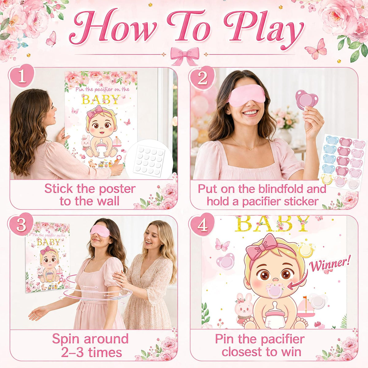Pin the Pacifier on the Baby Shower Game, Floral Poster with 30 Stickers