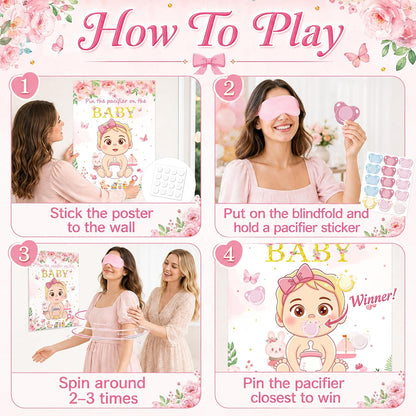 Pin the Pacifier on the Baby Shower Game, Floral Poster with 30 Stickers