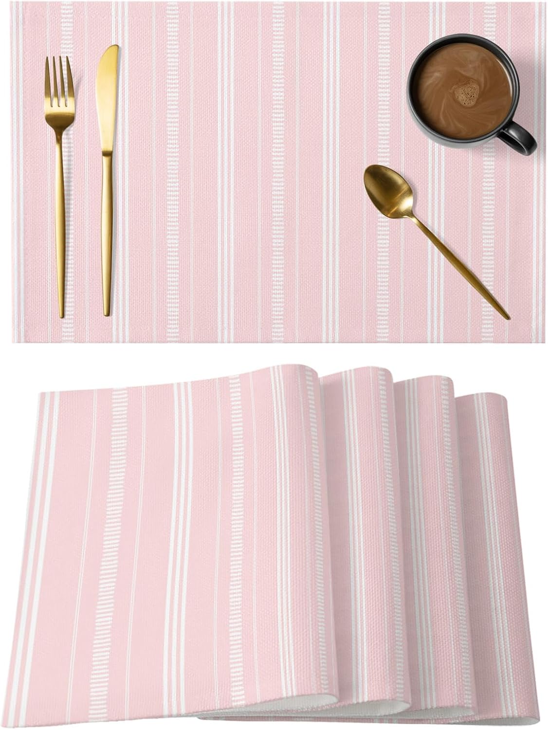 Boho Pink Placemats Set of 6, Cotton Linen Fabric Place Mats, Minimalist Farmhouse Striped Washable Decorative Table Mats Protector for Home Kitchen Dining Wedding Party Coffee Tables