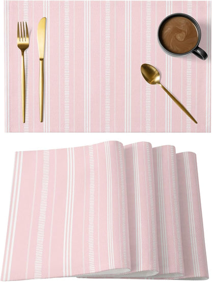 Boho Pink Placemats Set of 6, Cotton Linen Fabric Place Mats, Minimalist Farmhouse Striped Washable Decorative Table Mats Protector for Home Kitchen Dining Wedding Party Coffee Tables