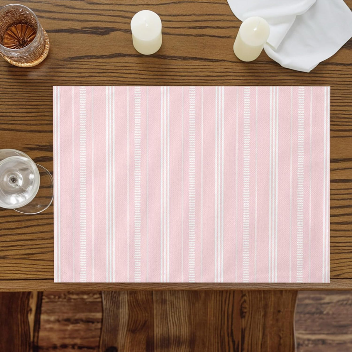Boho Pink Placemats Set of 6, Cotton Linen Fabric Place Mats, Minimalist Farmhouse Striped Washable Decorative Table Mats Protector for Home Kitchen Dining Wedding Party Coffee Tables