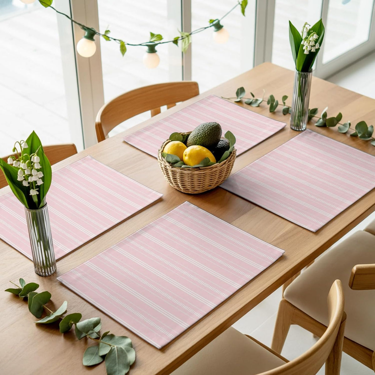 Boho Pink Placemats Set of 6, Cotton Linen Fabric Place Mats, Minimalist Farmhouse Striped Washable Decorative Table Mats Protector for Home Kitchen Dining Wedding Party Coffee Tables