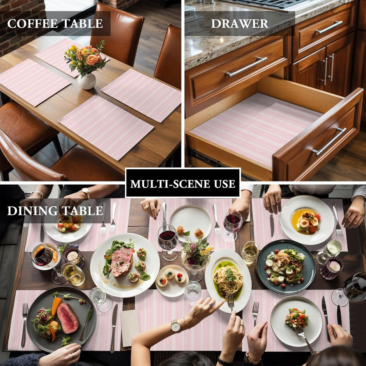 Boho Pink Placemats Set of 6, Cotton Linen Fabric Place Mats, Minimalist Farmhouse Striped Washable Decorative Table Mats Protector for Home Kitchen Dining Wedding Party Coffee Tables
