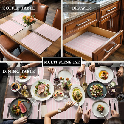 Boho Pink Placemats Set of 6, Cotton Linen Fabric Place Mats, Minimalist Farmhouse Striped Washable Decorative Table Mats Protector for Home Kitchen Dining Wedding Party Coffee Tables